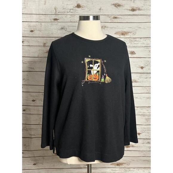 White Stag Tops - White Stag black ribbed long sleeve Halloween embroidered top Size 18W/20W